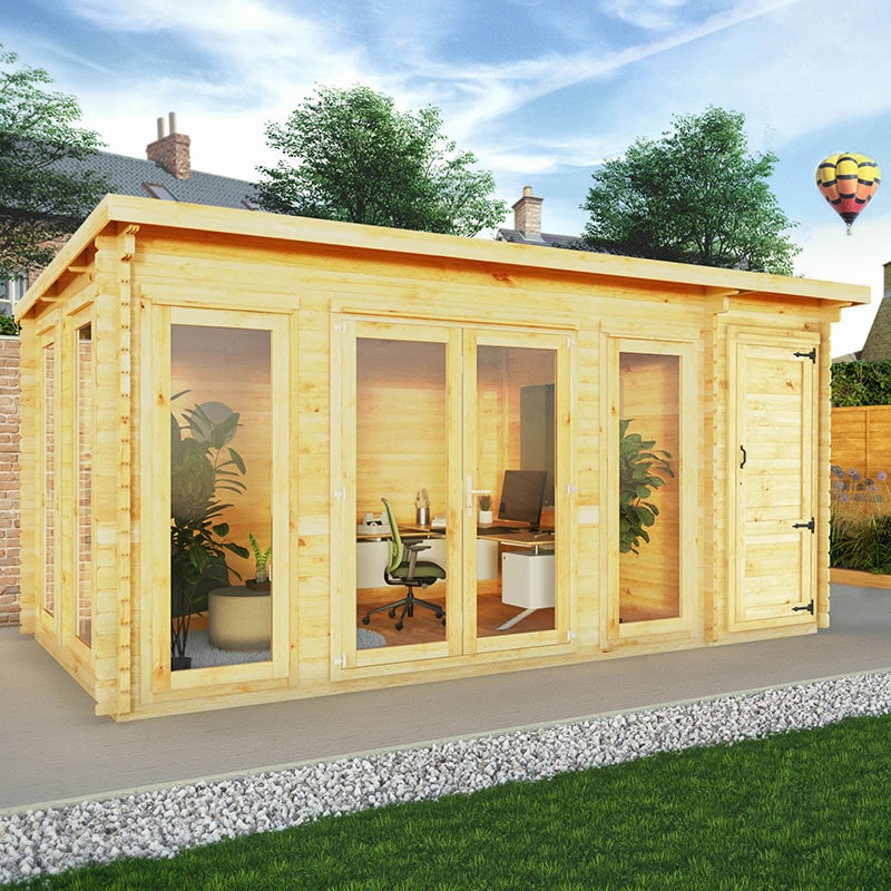 Product photograph of Mercia Studio 5m X 3m Double Glazed Pent Log Cabin With Side Shed 28mm from Buy Sheds Direct