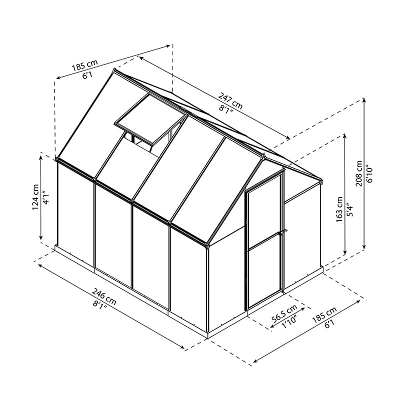 6' x 8' Palram Canopia Mythos Walk In Green Polycarbonate Greenhouse (1.85m x 2.47m) Technical Drawing