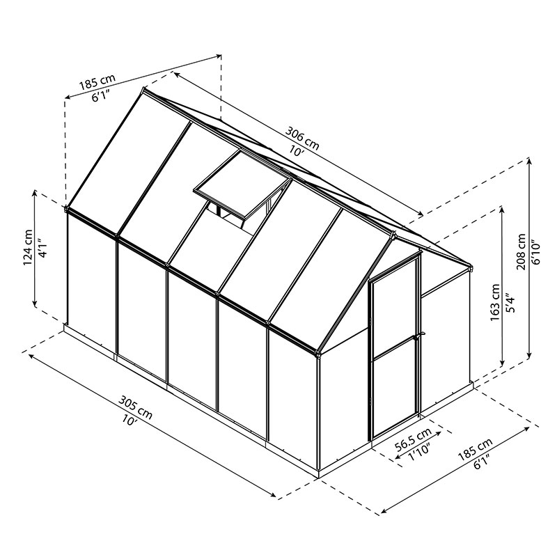 6' x 10' Palram Canopia Mythos Large Walk In Green Polycarbonate Greenhouse (1.85m x 3.06m) Technical Drawing