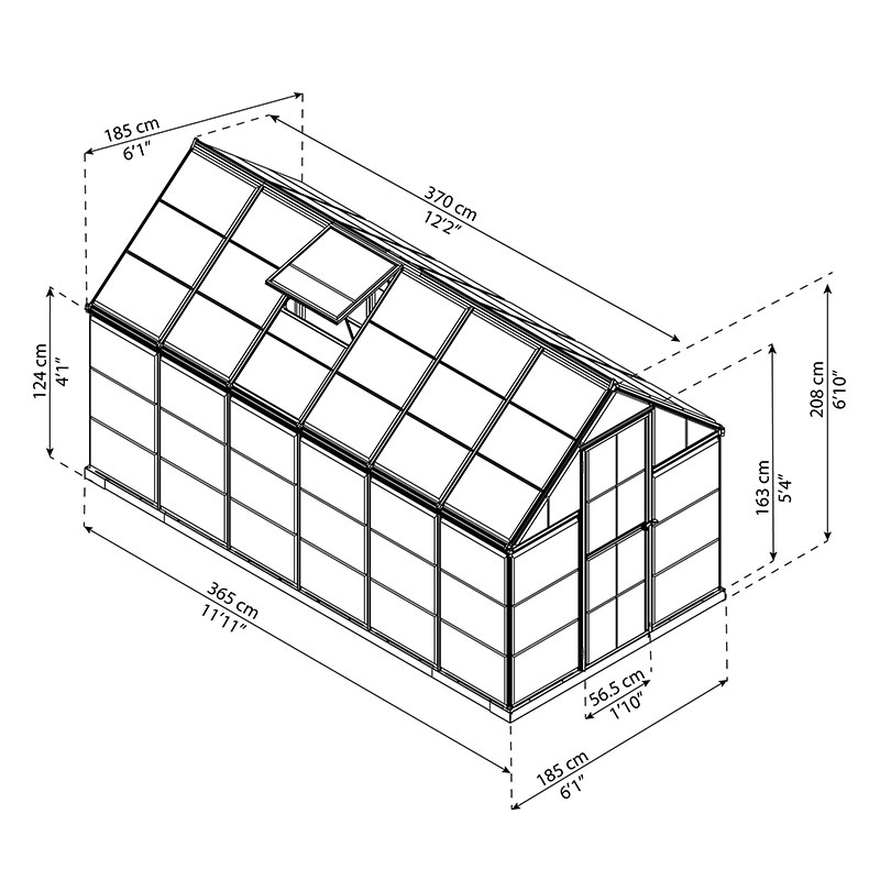 6' x 12' Palram Canopia Harmony Large Walk In Silver Polycarbonate Greenhouse (1.85m x 3.7m) Technical Drawing