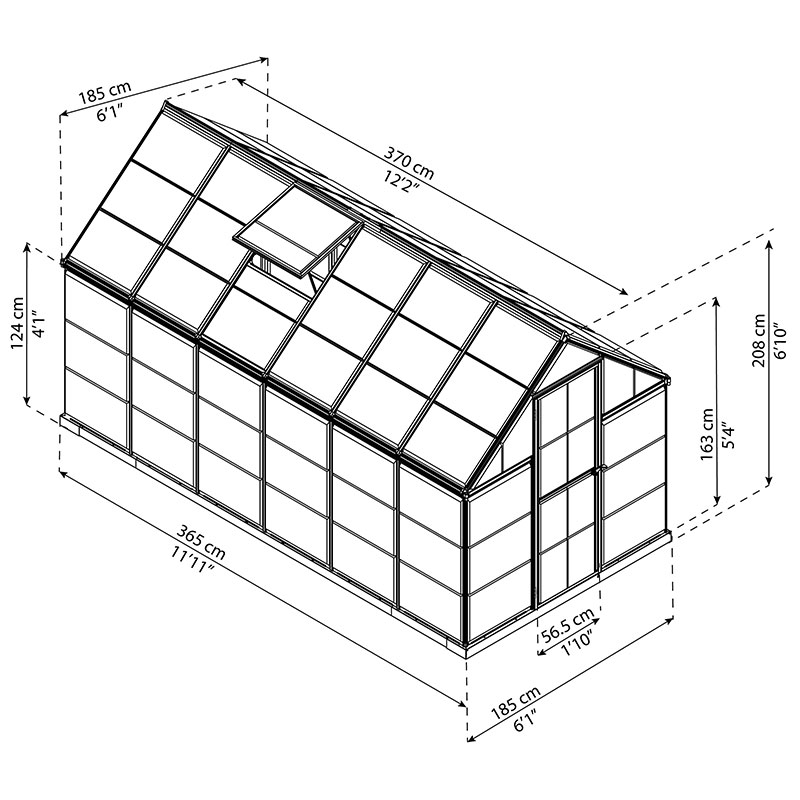 6' x 12' Palram Canopia Harmony Large Walk In Green Polycarbonate Greenhouse (1.85m x 3.7m) Technical Drawing