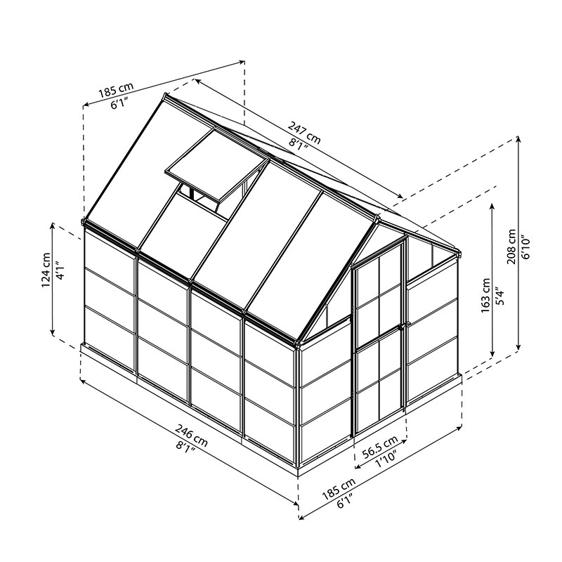 6' x 8' Palram Canopia Hybrid Walk In Black Polycarbonate Greenhouse (1.85m x 2.47m) Technical Drawing