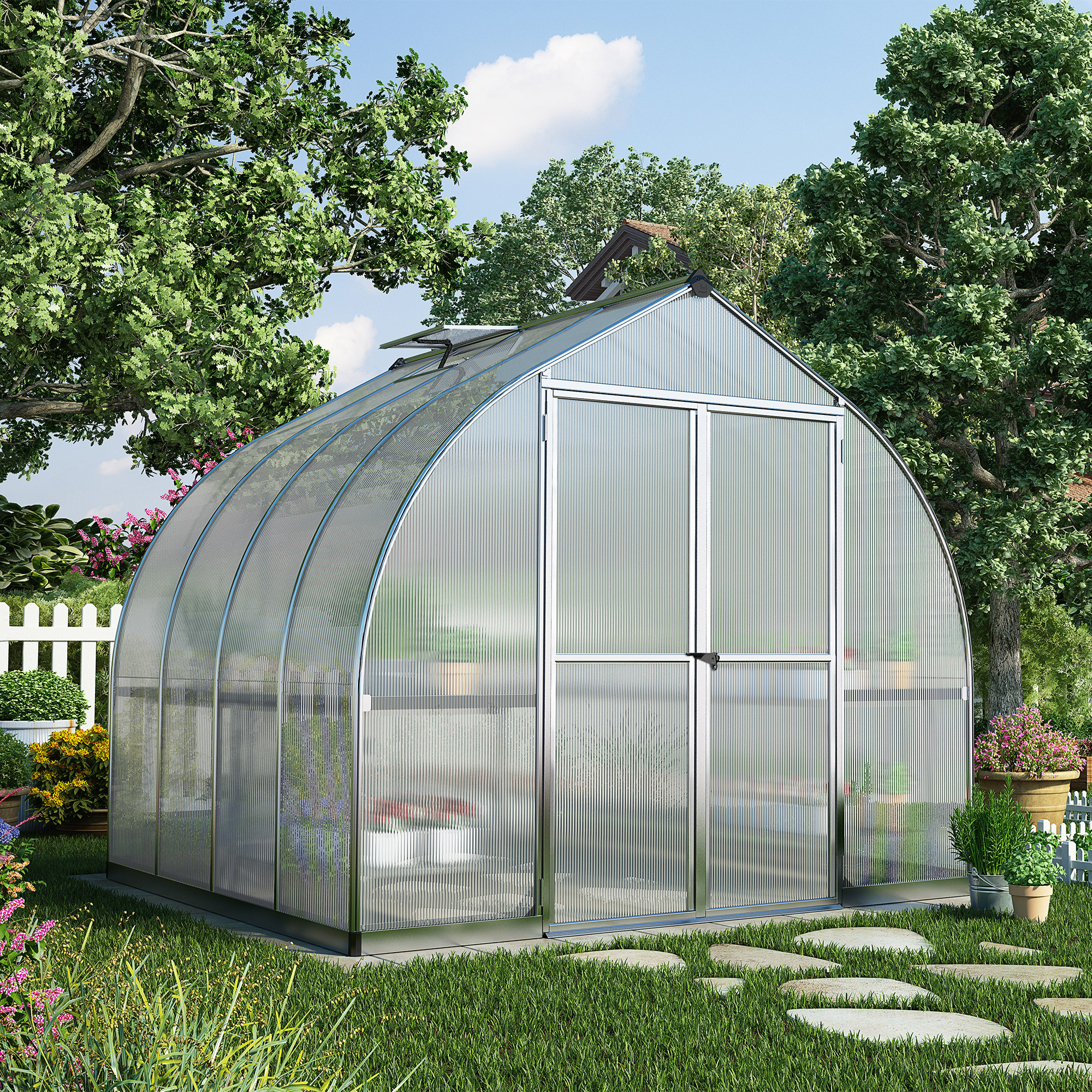 Product photograph of 8 X8 Palram Canopia Bella Walk In Silver Aluminium Framed Greenhouse 2 4x2 4m from Buy Sheds Direct
