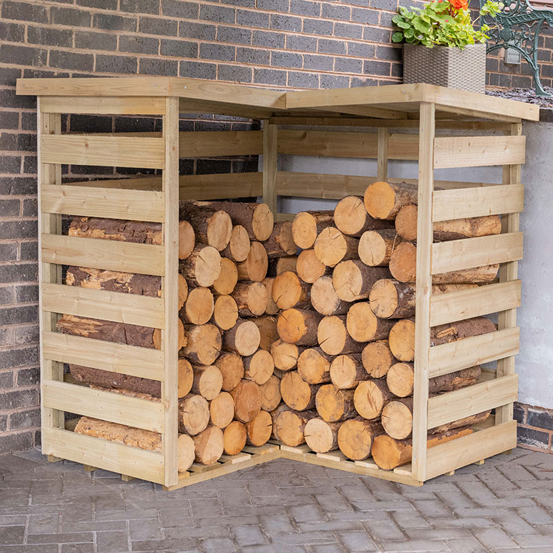 Product photograph of 4 3 X 4 3 Forest Pent Corner Logstore 1 3m X 1 3m from Buy Sheds Direct