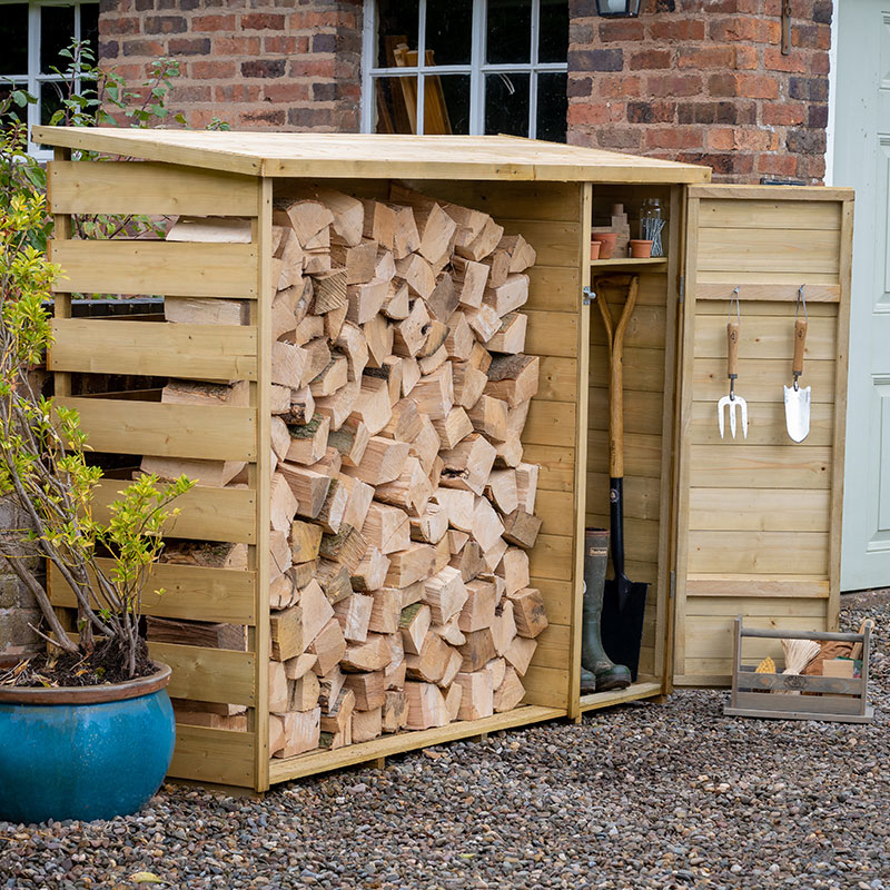 Product photograph of 6 5 X 2 3 Forest Pent Logstore With Tool Storage 2m X 0 7m from Buy Sheds Direct