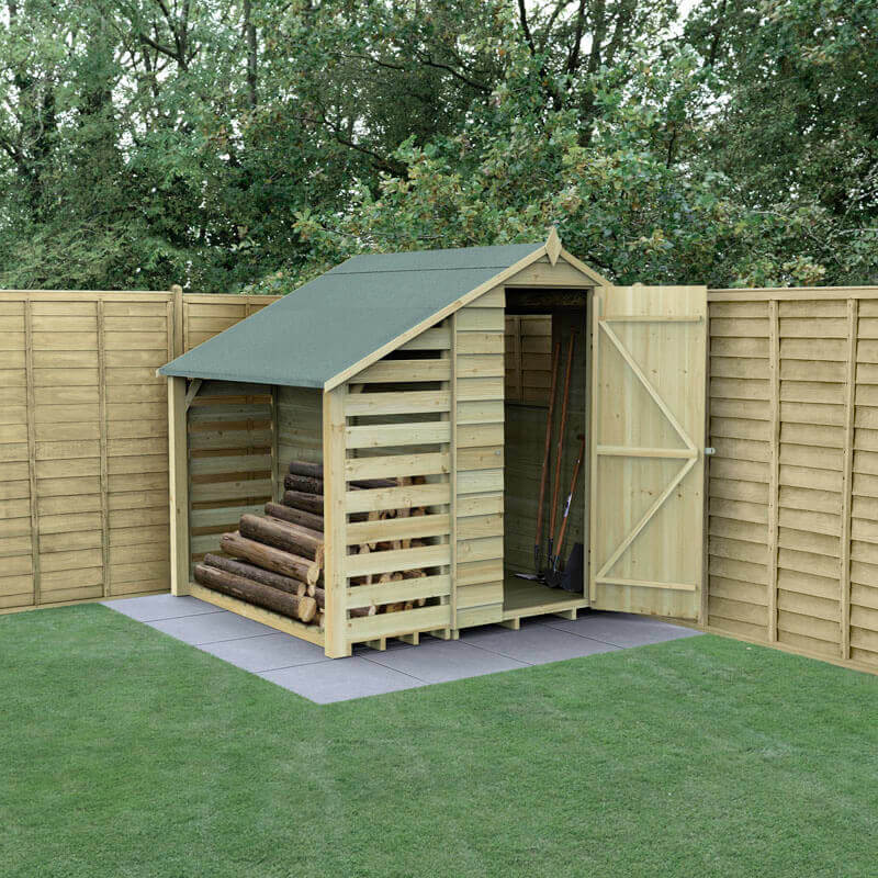 Product photograph of 6 X 4 Forest 4life 25yr Guarantee Overlap Pressure Treated Apex Wooden Shed With Lean To 1 88m X 2m from Buy Sheds Direct