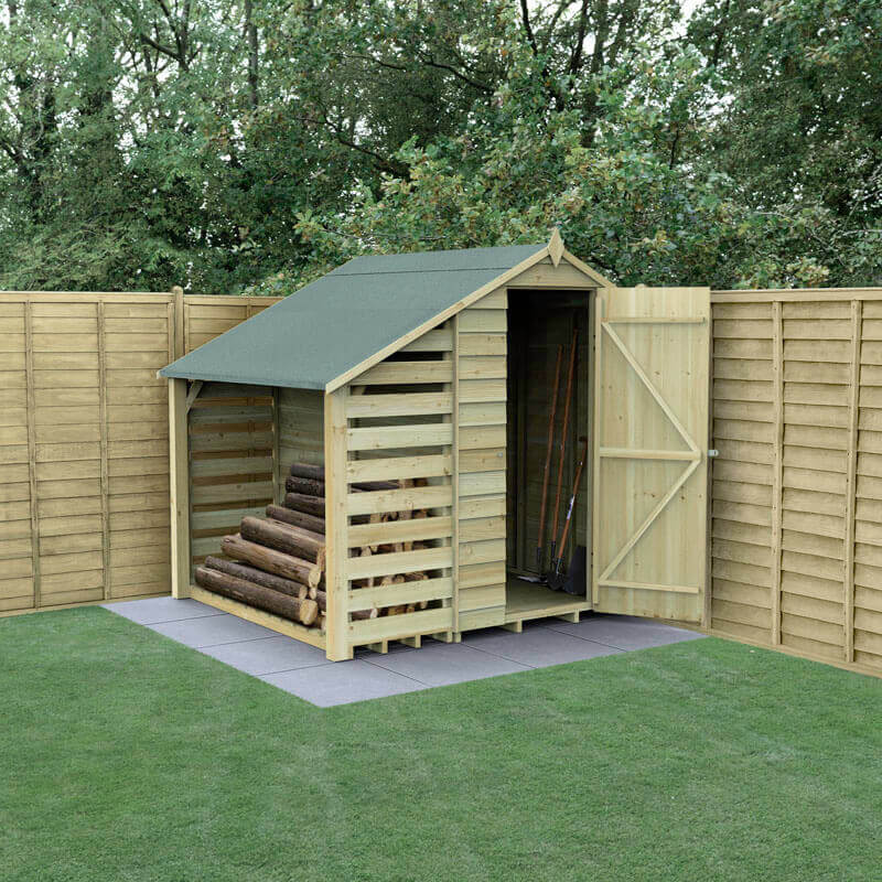 Product photograph of 6 X 4 Forest 4life 25yr Guarantee Overlap Pressure Treated Windowless Apex Wooden Shed With Lean To 1 88m X 2m from Buy Sheds Direct
