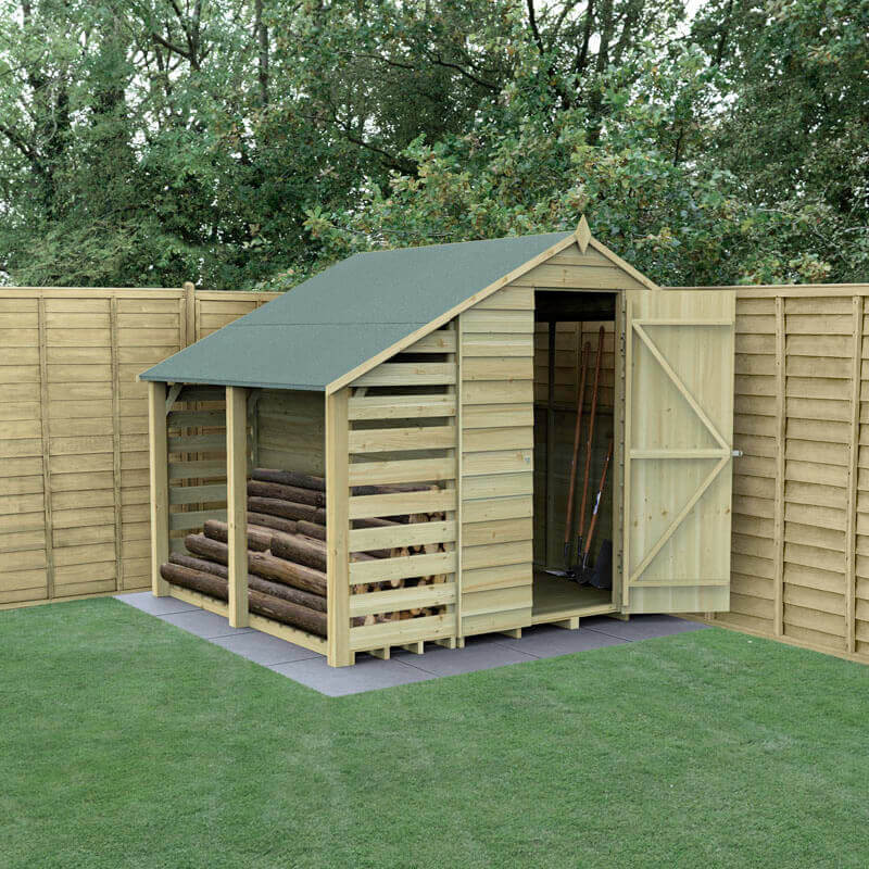 Product photograph of 7 X 5 Forest 4life 25yr Guarantee Overlap Pressure Treated Apex Wooden Shed With Lean To 2 18m X 2 31m from Buy Sheds Direct