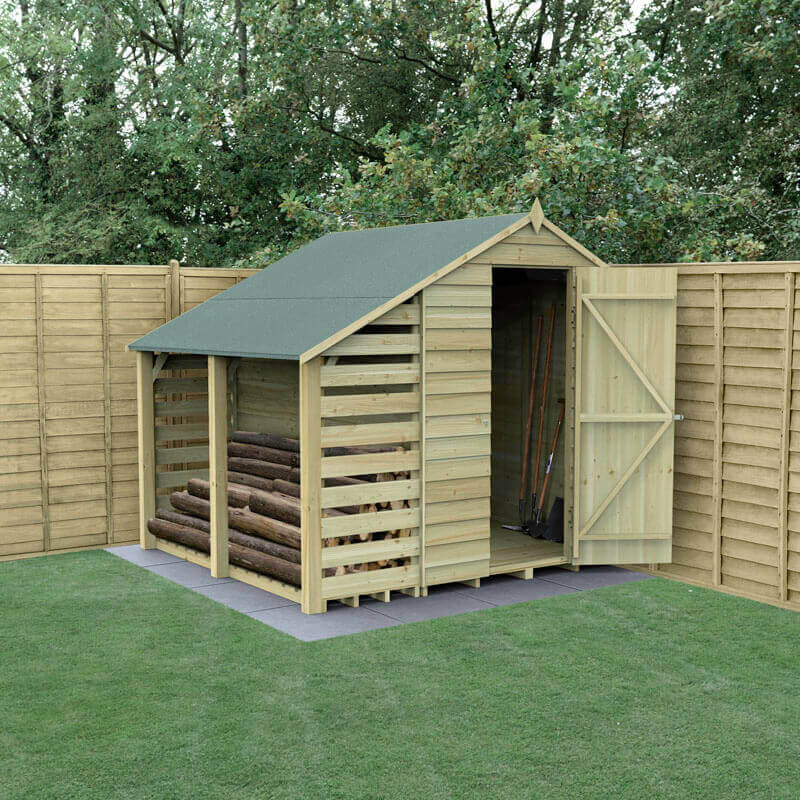 Product photograph of 7 X 5 Forest 4life 25yr Guarantee Overlap Pressure Treated Windowless Apex Wooden Shed With Lean To 2 18m X 2 31m from Buy Sheds Direct