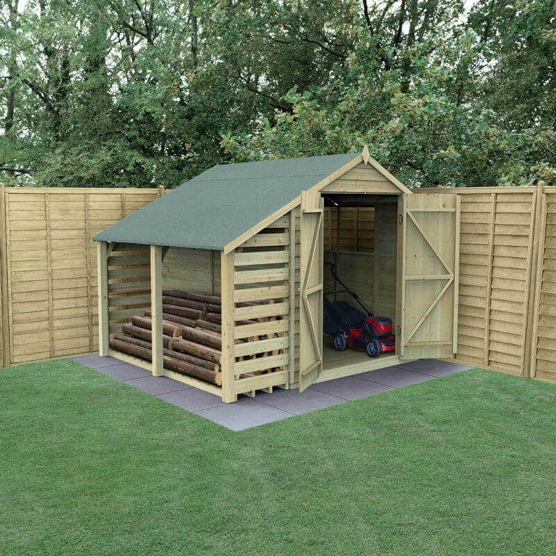 Product photograph of 8 X 6 Forest 4life 25yr Guarantee Overlap Pressure Treated Double Door Apex Wooden Shed With Lean To 2 42m X 2 64m from Buy Sheds Direct