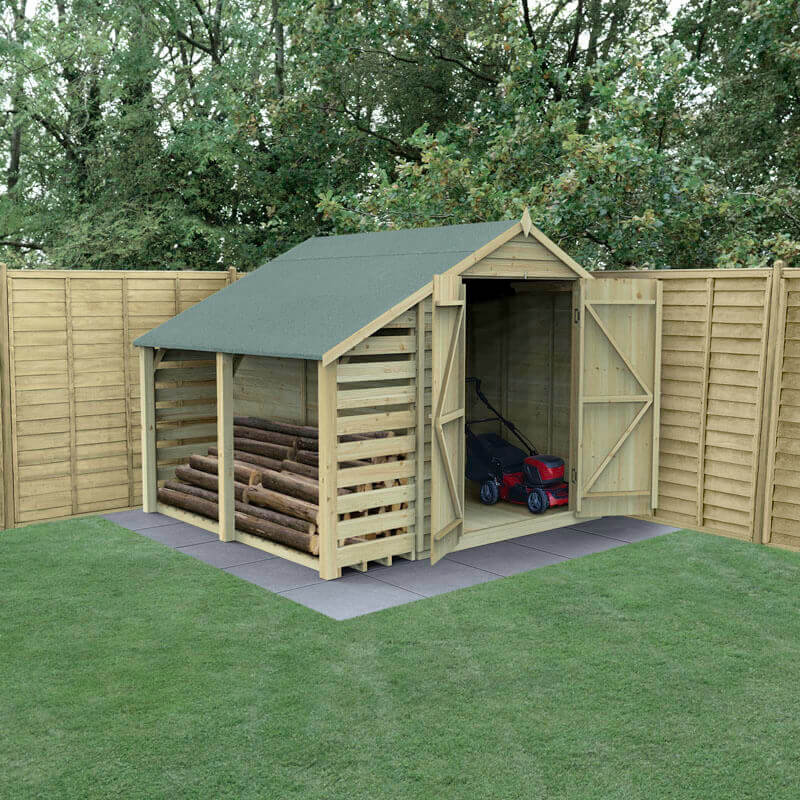 Product photograph of 8 X 6 Forest 4life 25yr Guarantee Overlap Pressure Treated Windowless Double Door Apex Wooden Shed With Lean To 2 42m X 2 64m from Buy Sheds Direct