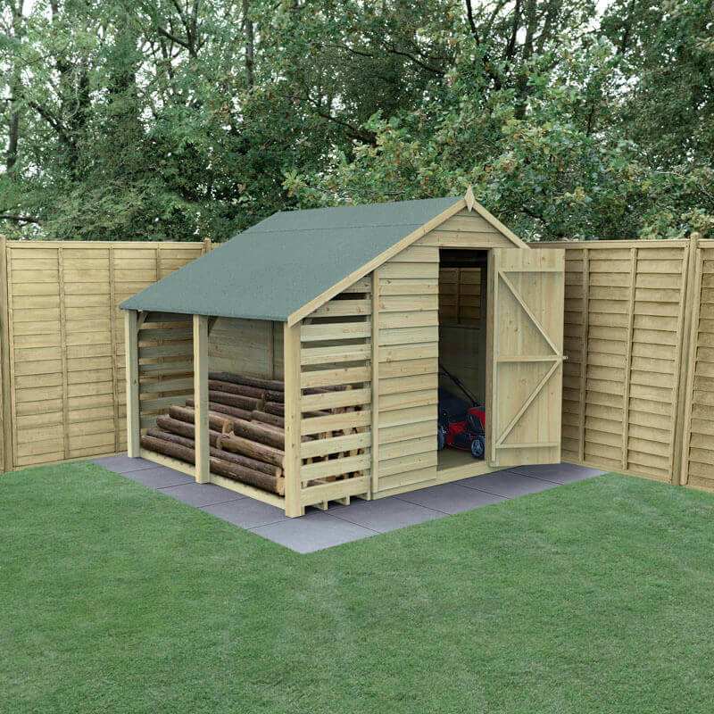 Product photograph of 8 X 6 Forest 4life 25yr Guarantee Overlap Pressure Treated Apex Wooden Shed With Lean To 2 42m X 2 64m from Buy Sheds Direct
