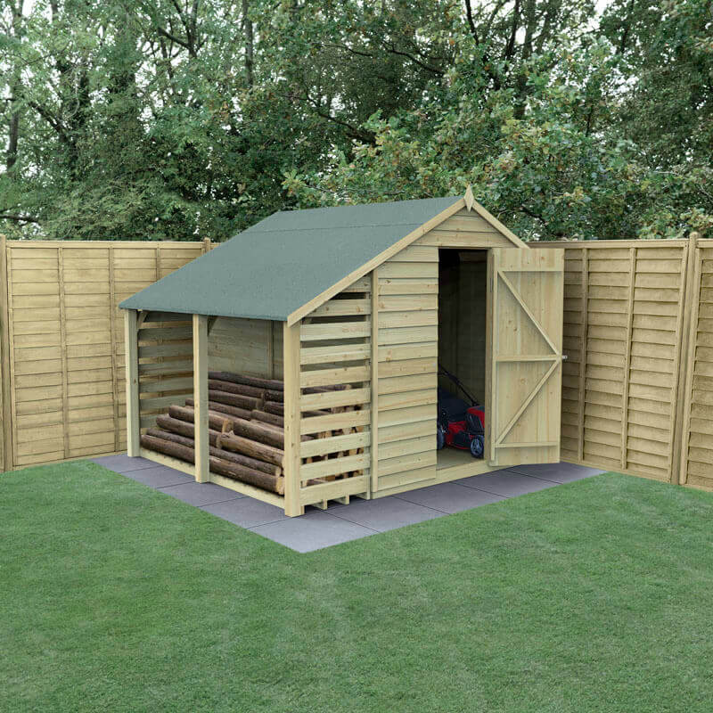 Product photograph of 8 X 6 Forest 4life 25yr Guarantee Overlap Pressure Treated Windowless Apex Wooden Shed With Lean To 2 42m X 2 64m from Buy Sheds Direct