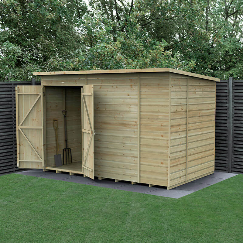 Product photograph of 10 X 6 Forest Beckwood 25yr Guarantee Shiplap Pressure Treated Windowless Double Door Pent Wooden Shed 3 11m X 2 05m from Buy Sheds Direct