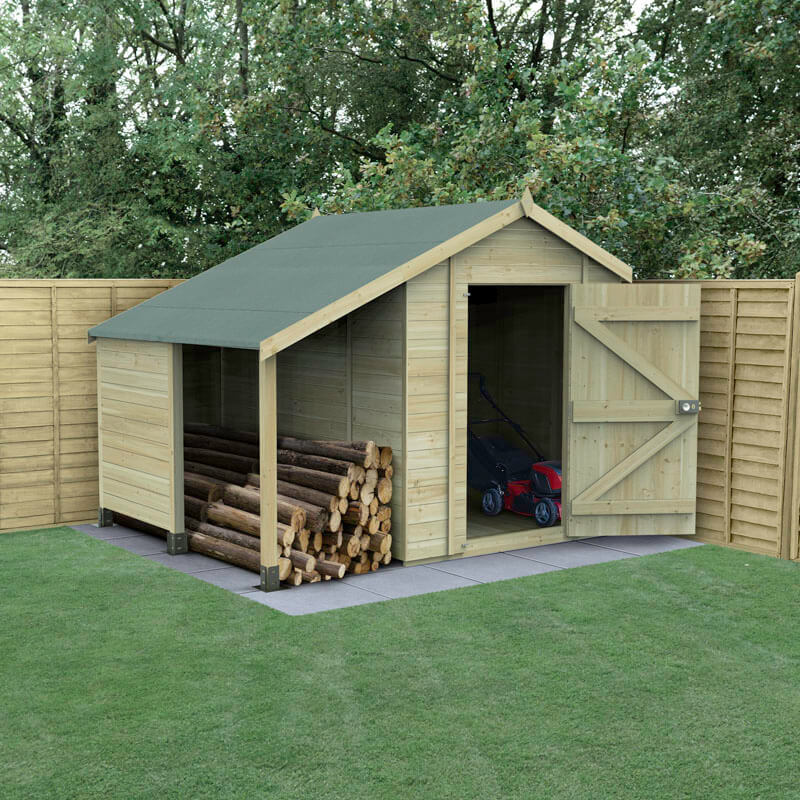 Product photograph of 8 X 6 Forest Timberdale 25yr Guarantee Tongue Groove Pressure Treated Windowless Apex Shed With Logstore 2 5m X 1 83m from Buy Sheds Direct