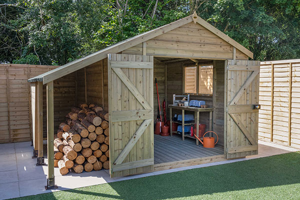 10x8 Forest Timberdale Tongue & Groove Pressure Treated Double Door Apex Shed with Logstore