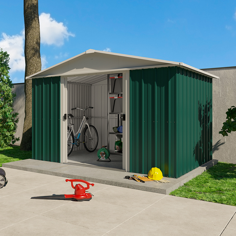 Secure large green metal shed