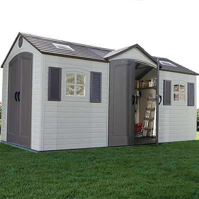 a large plastic shed with 2 sets of double doors