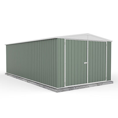 a green metal shed
